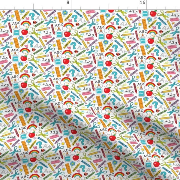 School Fabric - Tiny School Supplies By Lilcubby - Kids Classroom Elementary Scissors Glue Paint Cotton Fabric By The Yard With Spoonflower