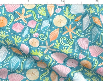Sea Shells Fabric - She Sells Sea Shells By Creativeinchi - Mermaid Aqua Blue Pink Ocean Beach Cotton Fabric By The Yard With Spoonflower