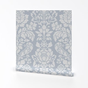 Damask Wallpaper - Balmoral Damask Large White Versailles Fog By Peacoquettedesigns - Custom Printed Adhesive Wallpaper Roll by Spoonflower