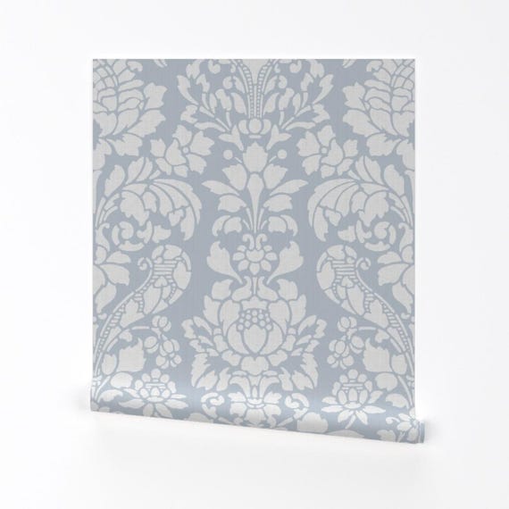 Damask Wallpaper - Balmoral Damask Large White Versailles Fog By Peacoquettedesigns - Custom Printed Adhesive Wallpaper Roll by Spoonflower