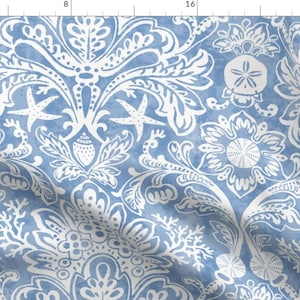 Coastal Fabric - Beach House Damask by kee_design_studio - Nautical Ocean Blue Weathered Look Light Blue Fabric by the Yard by Spoonflower