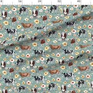 Farmhouse Fabric - Farmhouse Blue Cows And Flowers Large By Cateandrainn - Shabby Chic Watercolor Cotton Fabric By The Yard With Spoonflower image 2