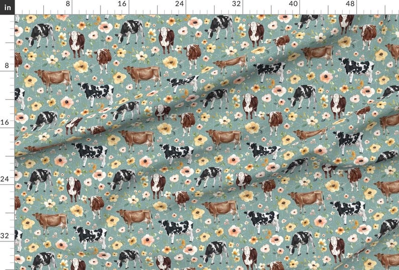 Farmhouse Fabric - Farmhouse Blue Cows And Flowers Large By Cateandrainn - Shabby Chic Watercolor Cotton Fabric By The Yard With Spoonflower image 2