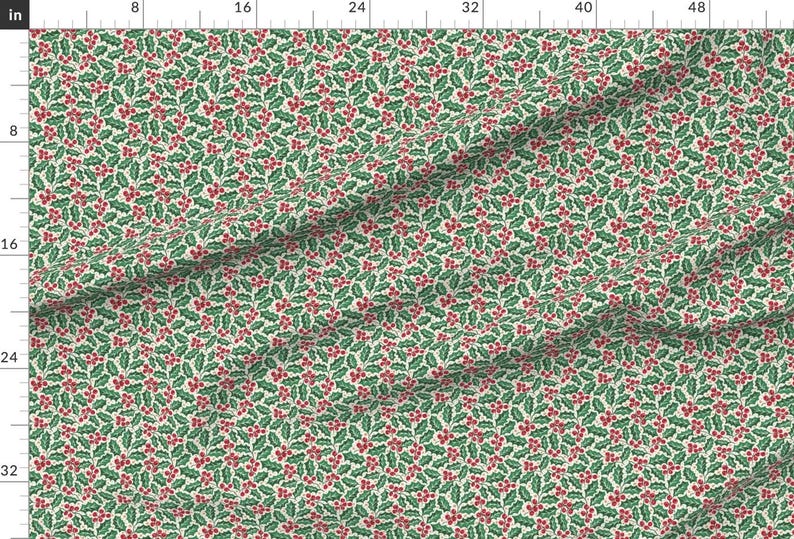 Winter Holly Fabric - Ditsy Christmas Holly by de_koro - Christmas Ditsy Small Scale Green Red Beige Fabric by the Yard by Spoonflower image 2