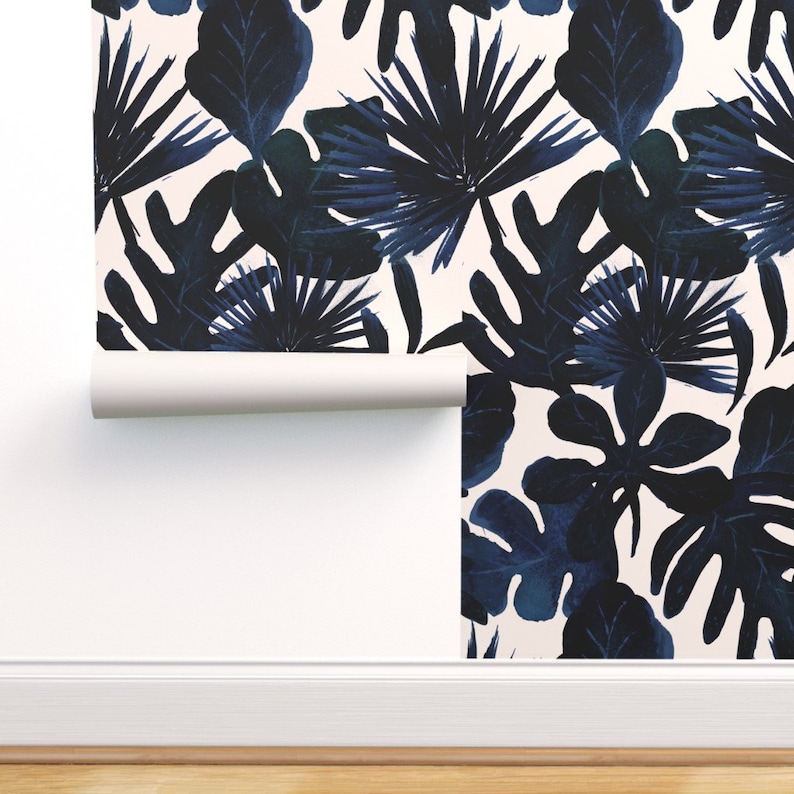 Navy Jungle Wallpaper Tropical Leaves Midnight by Crystal Etsy