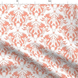 Coral Mermaid Damask Fabric - Mermaid Damask Coral-White By Sugarpinedesign - Nautical Nursery Cotton Fabric By The Yard With Spoonflower