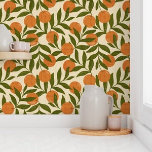 Vintage Orange Vines Wallpaper - Orange Grove by tarareed - Retro Oranges French Citrus  Removable Peel and Stick Wallpaper by Spoonflower