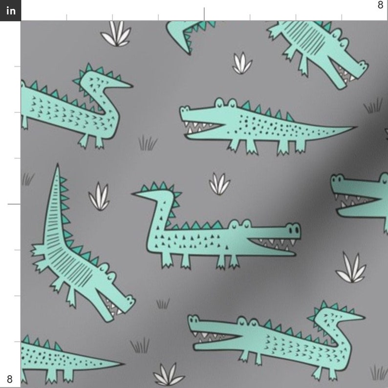 Crocodile Fabric Alligators Crocodile Mint Green On Grey By Caja Design Crocodile Cotton Fabric By The Yard With Spoonflower image 2