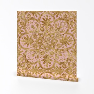 Tessuto per piastrelle floreali - Borgogna oro rosa di Peacoquettedesigns - Rotolo di carta da parati autoadesiva rimovibile stampata personalizzata di Spoonflower