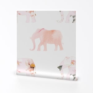 Elephant Wallpaper - Elephant March By Karolina Papiez - Pink White Floral Nursery Removable Self Adhesive Wallpaper Roll by Spoonflower