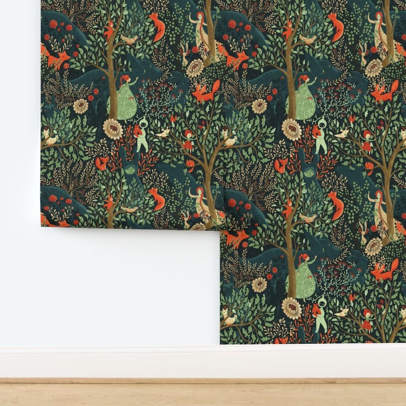Fairy Tale Removable Peel and Stick Wallpaper - Enchanted Forest Foxes - Wall Art Wall Decor - Whimsical Wonderland by gaiamarfurt image 5