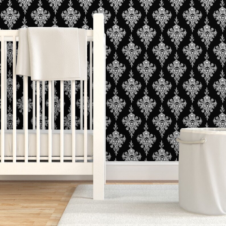 Skull Damask Wallpaper Skull Flower Damask Negative by - Etsy