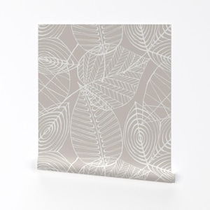 Leaves Wallpaper - Leaves Jumbo By Chicca Besso - Greige Neutral Nature White Cream Removable Self Adhesive Wallpaper Roll by Spoonflower