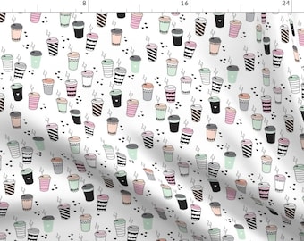 Coffee fabric- Coffee Love Never Too Hot For Coffee Black White Mint & Pink By Littlesmilemakers  Cotton fabric by the yard with Spoonflower