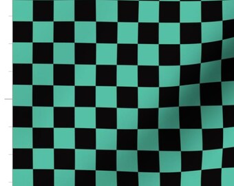 Checkered Fabric - Teal Green and Black Check Plaid by