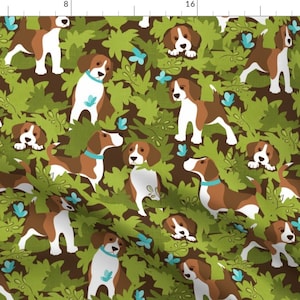 May include: A seamless pattern featuring brown and white beagle dogs with blue collars, surrounded by green leaves on a brown background.