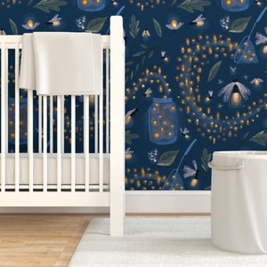 Fireflies Wallpaper - Catching Fireflies By Thestorysmith -Blue Summer Night Whimsical Removable Self Adhesive Wallpaper Roll by Spoonflower