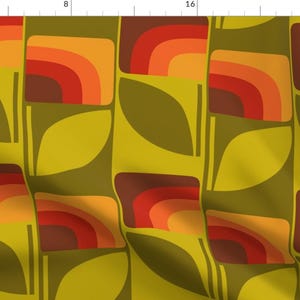 May include: A repeating pattern of stylised flowers with orange, red and brown curved lines on a yellow background. The flowers are outlined in dark brown and have green leaves.