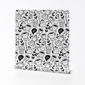 Coffee Wallpaper- Doodle Coffee Break By Alenkakarabanova - Black White Kitchen Pantry Removable Self Adhesive Wallpaper Roll by Spoonflower
