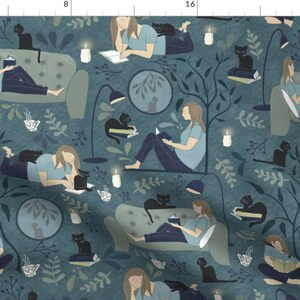 Cozy Reading Fabric - Someone’s Comfy By Vicki Larner - Cat Woman Blue Library Study Novel Cotton Fabric By The Yard With Spoonflower