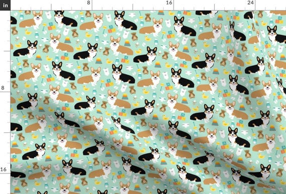 Baby Corgi Fabric - Corgis And Babies Fabric By Petfriendly - Baby Nursery Decor Corgi on Mint Cotton Fabric By The Yard With Spoonflower