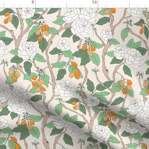 White and Orange Floral Fabric - Gardenias And Kumquats By Emmakisstina - Summer Floral Decor Cotton Fabric By The Yard With Spoonflower