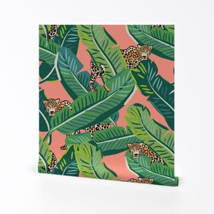 Carta da parati Cheetah - 4" Cheetah Tropical Leaves Bright Peach di Shopcabin - Rotolo di carta da parati adesiva rimovibile con stampa personalizzata di Spoonflower