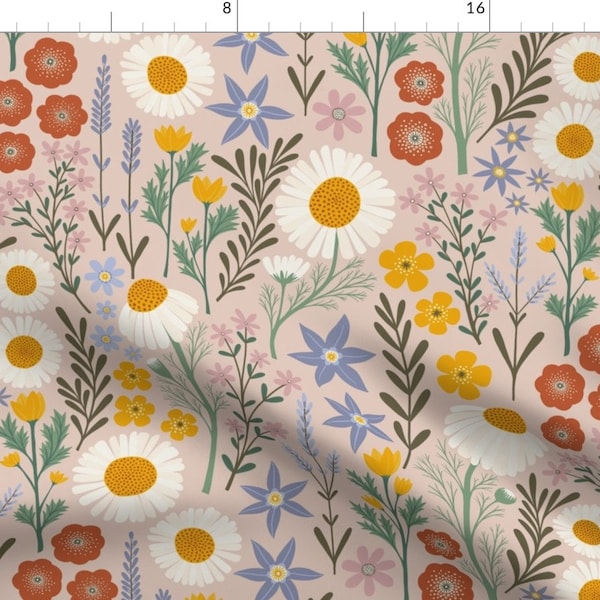 British Florals Fabric - British Spring Meadow By Handypanda - Blush Pink Yellow Green Wildflower Cotton Fabric By The Yard With Spoonflower