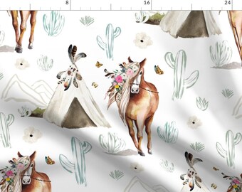 Floral Watercolor Wild Horses Fabric - 21" Spring Boho Floral Horse White By Shopcabin - Floral Cotton Fabric By The Yard With Spoonflower