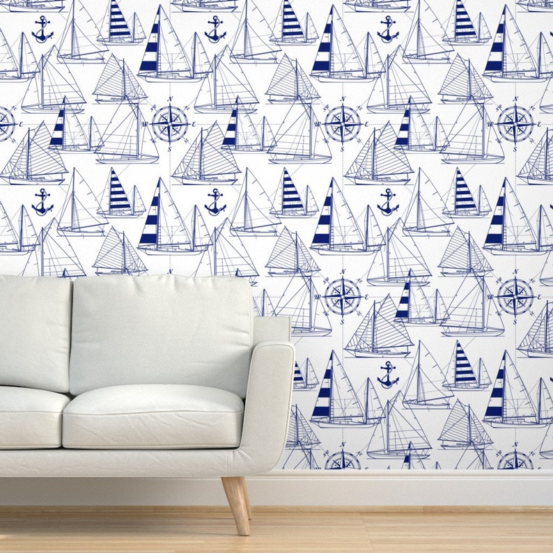 Sailboats Wallpaper Sailboats Navy On White By Etsy