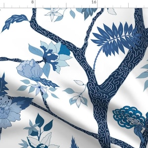 Chinoiserie Fabric - Peony Branch Mural In Blue By Danika Herrick - Chinoiserie Blue White Floral Cotton Fabric By The Yard With Spoonflower