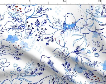 Chinoiserie Blue Birds Spring Fabric - Birds + Bees - © Lucinda Wei By Lucindawei - Chinoiserie Cotton Fabric By The Yard With Spoonflower