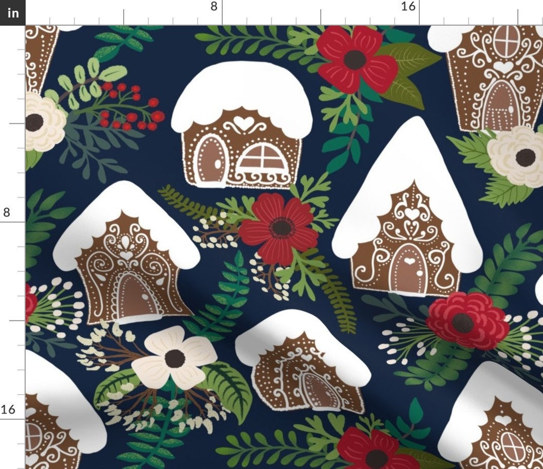 Gingerbread Fabric Gingerbread Houses and Christmas Florals Navy