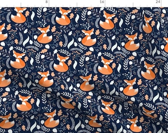Foxes Fabric - Sleepy Foxes Blue By Gingerlous - Woodland Gender Neutral Baby Nursery Deep Blue Orange Floral