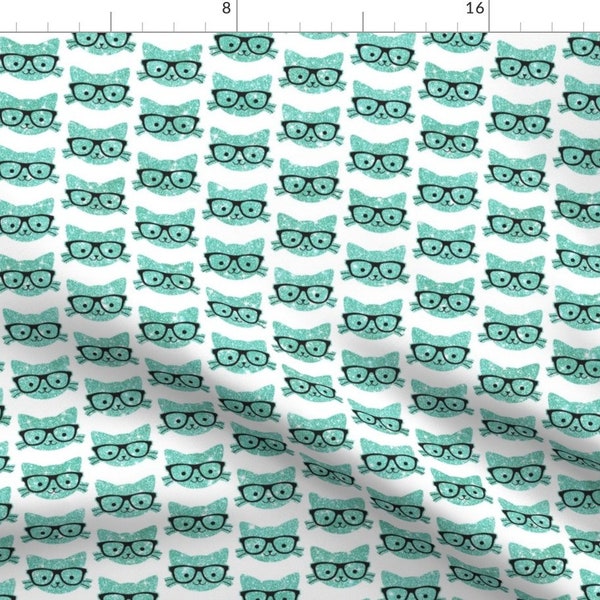 Cat With Glasses Fabric - Sparkle Kitties Turquoise By Cynthiafrenette - Cat Kitten Glasses Blue Cotton Fabric By The Yard With Spoonflower