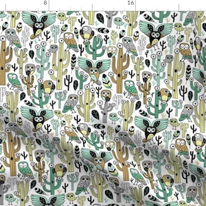 Owls and Cacti Fabric - Desert Owls - White By Mirabelleprint - Southwest Animal Nursery Cotton Fabric By The Yard With Spoonflower