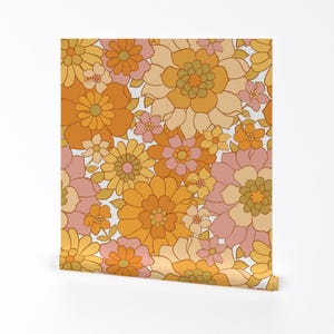 Vintage Wallpaper - Avery Retro Floral By Red Raspberry Design -Pink Orange 70s Flower Removable Self Adhesive Wallpaper Roll by Spoonflower