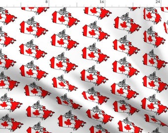 May include: A white background with a repeating pattern of the Canadian flag superimposed on the outline of Canada. The flag is red and white with a red maple leaf in the center.