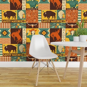 Retro Western Wallpaper - Rockin’ R Ranch By Ruby Ritz - Orange Yellow Teal Kid's Removable Self Adhesive Wallpaper Roll by Spoonflower