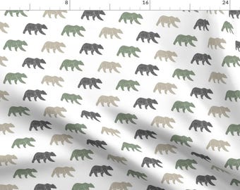 Bear Fabric - Multi Bears - Sage, Tan, Gray By Littlearrowdesign - Bear Sage Tan Green Woodland Cotton Fabric By The Yard With Spoonflower