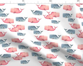 Whale Fabric - Whale Pod! By Taraput - Whale Red Blue White Nautical Water Ocean Nursery Decor Cotton Fabric By The Yard With Spoonflower