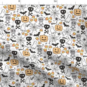 Halloween Fabric - Halloween Doodle Skulls Bat Pumpkin Spiderweb Ghost By Caja Design - Halloween Cotton Fabric by the Yard with Spoonflower