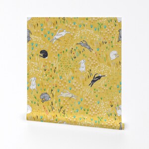 Rabbit Wallpaper - Bunny Field Yellow By Nouveau Bohemian - Rabbit Custom Printed Removable Self Adhesive Wallpaper Roll by Spoonflower