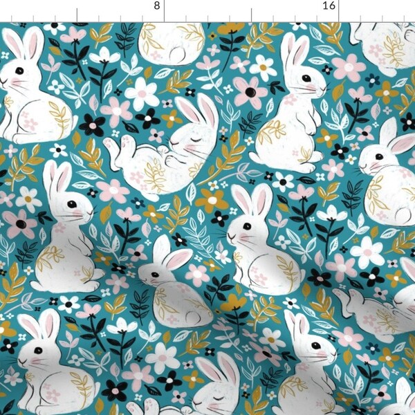 White Rabbit Fabric - White Chalk Bunny Floral By Micklyn - Woodland Nursery Blue Bunnies Forest Cotton Fabric By The Yard With Spoonflower