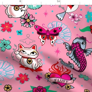 Cats Fabric - Lucky Cat Maneki Neko , Dragons And Koi Fish-Pink-Large By Miss Fluff - Cats Pink Cotton Fabric By The Yard With Spoonflower