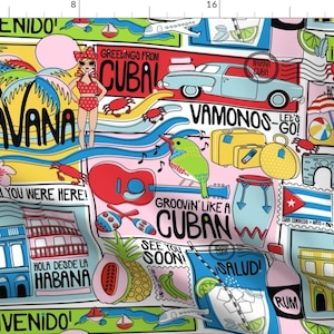 Cuba Vibrant Travel Postcards Fabric - Hola Cuba! By Nanshizzle - Cuba Neon Latin American Cotton Fabric By The Yard With Spoonflower