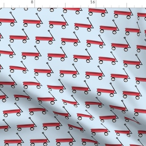 Red Wagon On Blue Fabric - Red Wagon On Baby Blue C18bs By Littlearrowdesign - Red Wagon Cotton Fabric By The Yard With Spoonflower