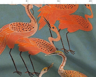 Orange Cranes Fabric - Art Deco Cranes Coral by shellyreneedesigns - Chinoiserie Vintage Asian Heron Egret Fabric by the Yard by Spoonflower