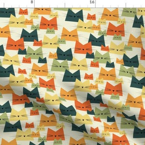 Vintage Style Fabric - Geometric Cats By Luciafontes - Retro 1950s Mid Century Feline Orange Red Cotton Fabric By The Yard With Spoonflower