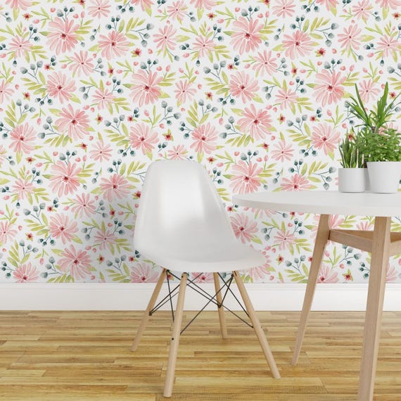 Floral Wallpaper - Amelia - Watercolor Floral Pink By Heatherdutton - Custom Printed Removable Self Adhesive Wallpaper Roll by Spoonflower